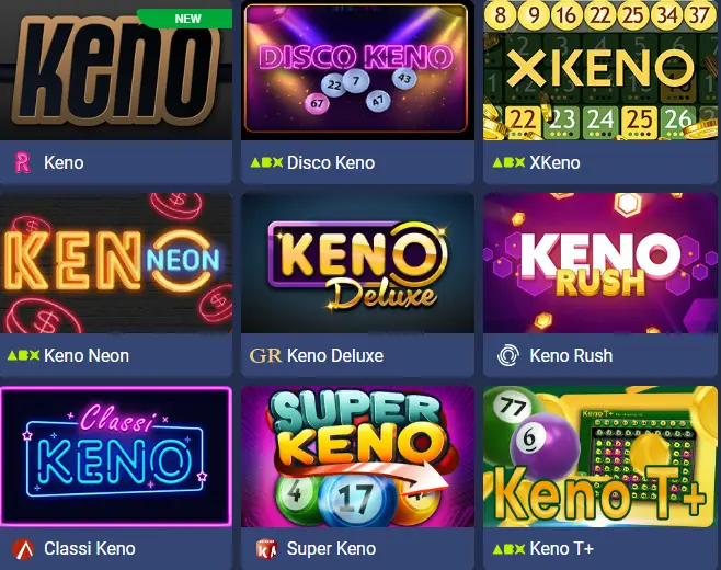 The image shows examples of various keno games